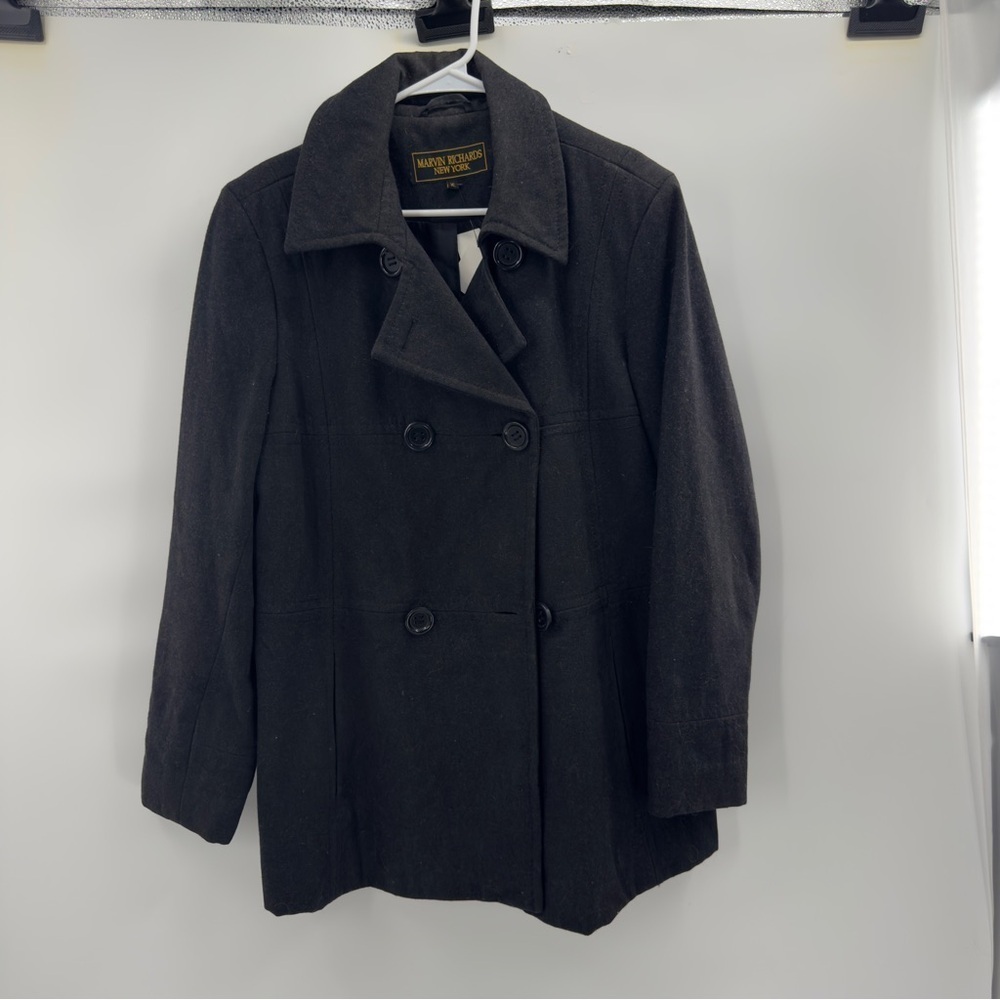 Marvin Richards black wool blend double breasted pea coat size XL